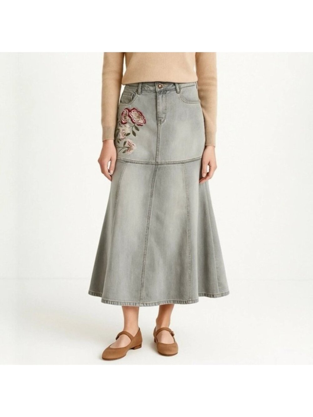 Vintage Jeanology Denim Maxi Skirt Boho Embroidered Mermaid Hem Gray Wash Sz 14